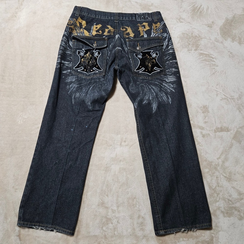 Red Ape Mens 38 Dark Wash Embroidered Y2K Hip Hop Jeans Gold Wing Graphic Gothic